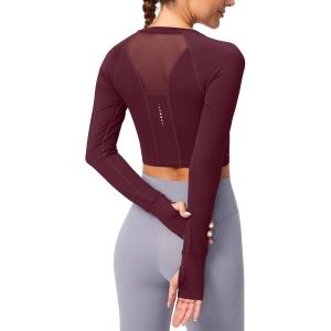 SANTINY Women’s Long Sleeve Crop Workout Tops Slim Fit Gym Yoga Running Shirts for Women(Wine)