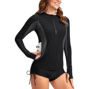SANTINY Women’s Rash Guard Zipper Pockets UPF50+ Sun Protection Long Sleeve Swimsuit Top Zip Front Swim Shirt for Women(Black # Dark Grey)