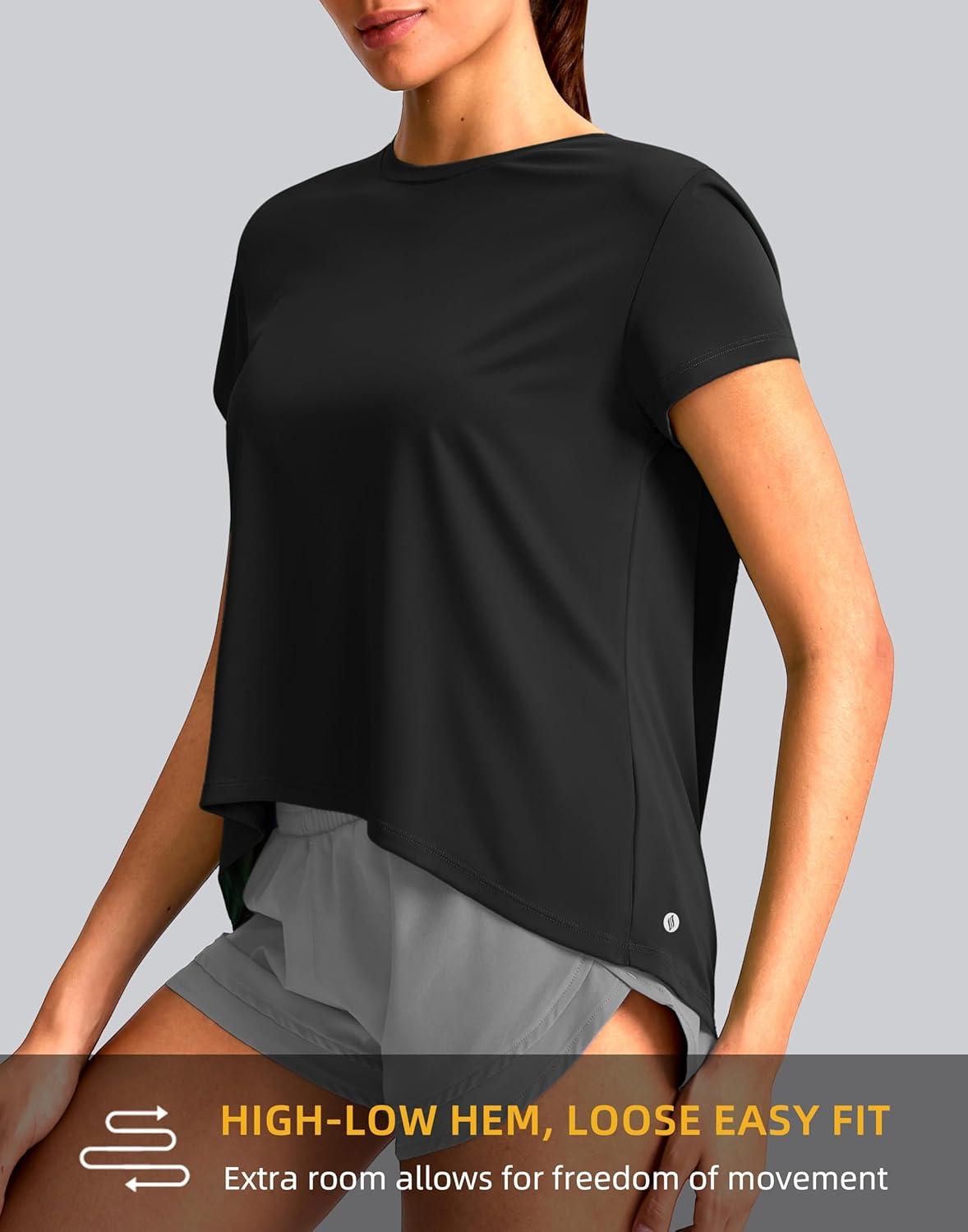 imageSANTINY Short Sleeve Workout Tops for Women Loose Yoga TShirts Sun Protection Breathable Running Athletic Tee ShirtsBlack