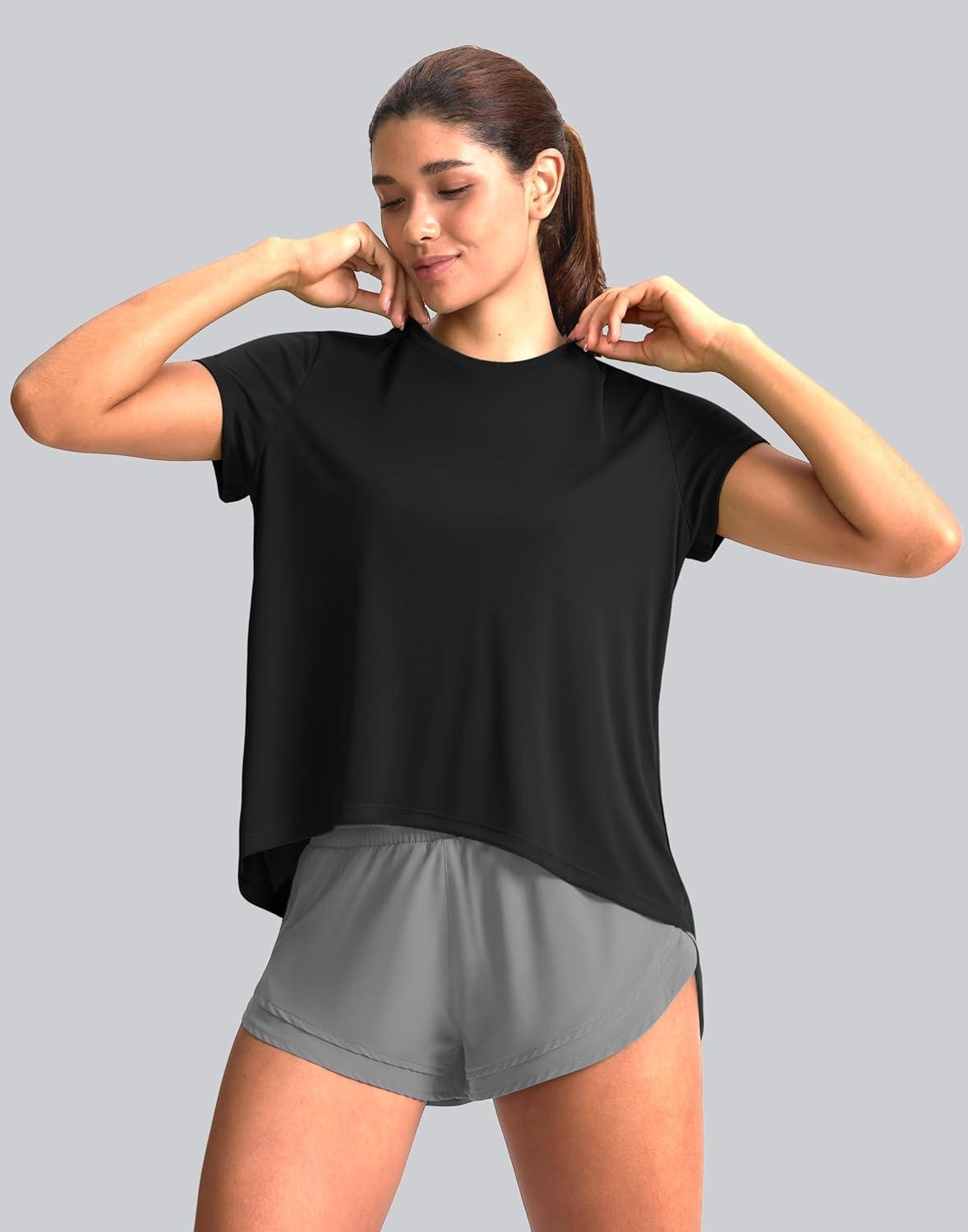imageSANTINY Short Sleeve Workout Tops for Women Loose Yoga TShirts Sun Protection Breathable Running Athletic Tee ShirtsBlack