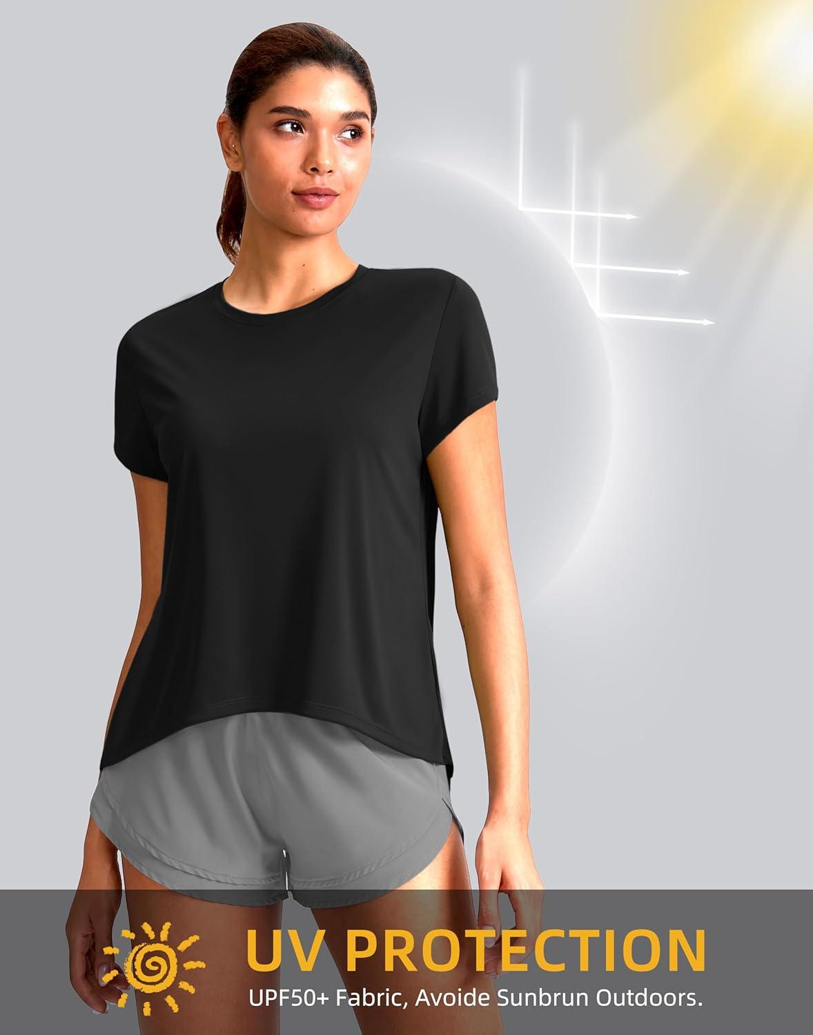 imageSANTINY Short Sleeve Workout Tops for Women Loose Yoga TShirts Sun Protection Breathable Running Athletic Tee ShirtsBlack