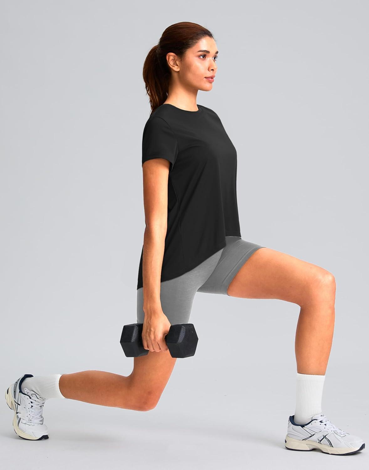 imageSANTINY Short Sleeve Workout Tops for Women Loose Yoga TShirts Sun Protection Breathable Running Athletic Tee ShirtsBlack