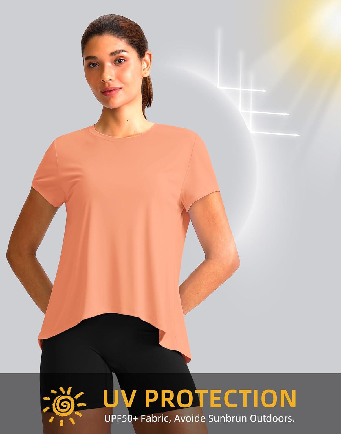 imageSANTINY Short Sleeve Workout Tops for Women Loose Yoga TShirts Sun Protection Breathable Running Athletic Tee ShirtsCoral
