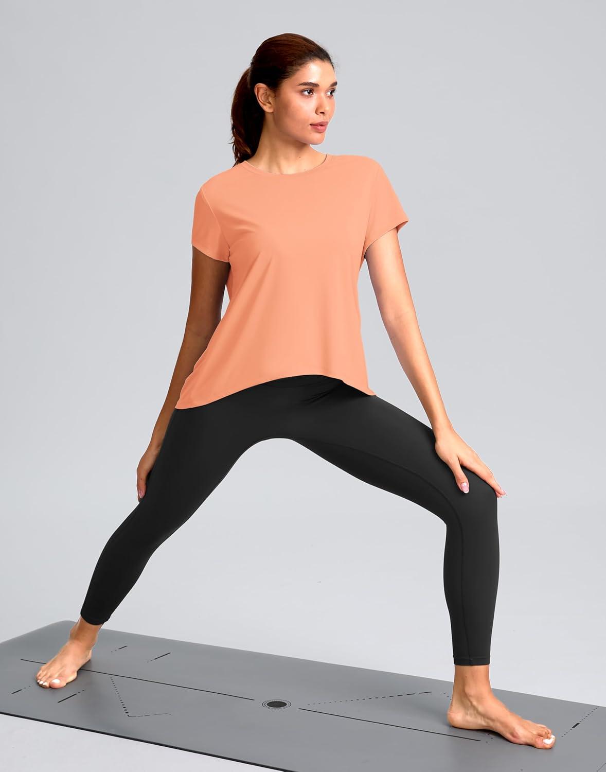 imageSANTINY Short Sleeve Workout Tops for Women Loose Yoga TShirts Sun Protection Breathable Running Athletic Tee ShirtsCoral