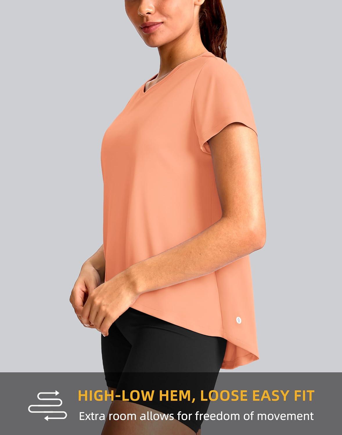imageSANTINY Short Sleeve Workout Tops for Women Loose Yoga TShirts Sun Protection Breathable Running Athletic Tee ShirtsCoral