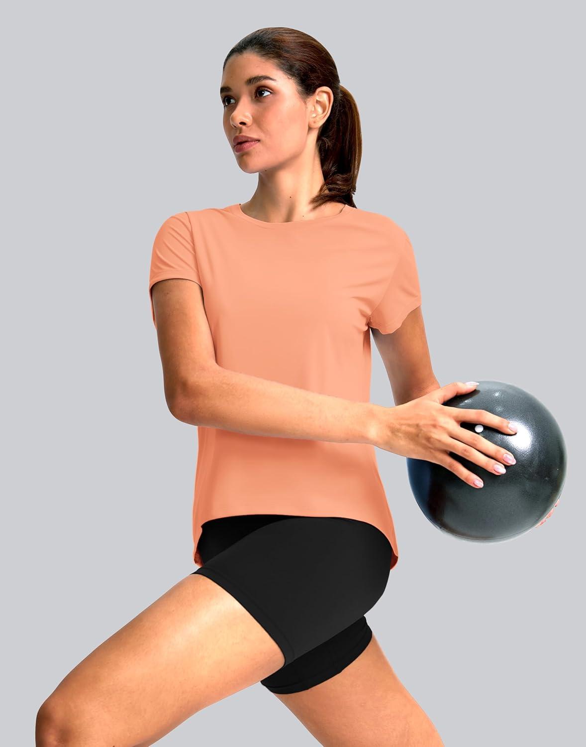 imageSANTINY Short Sleeve Workout Tops for Women Loose Yoga TShirts Sun Protection Breathable Running Athletic Tee ShirtsCoral