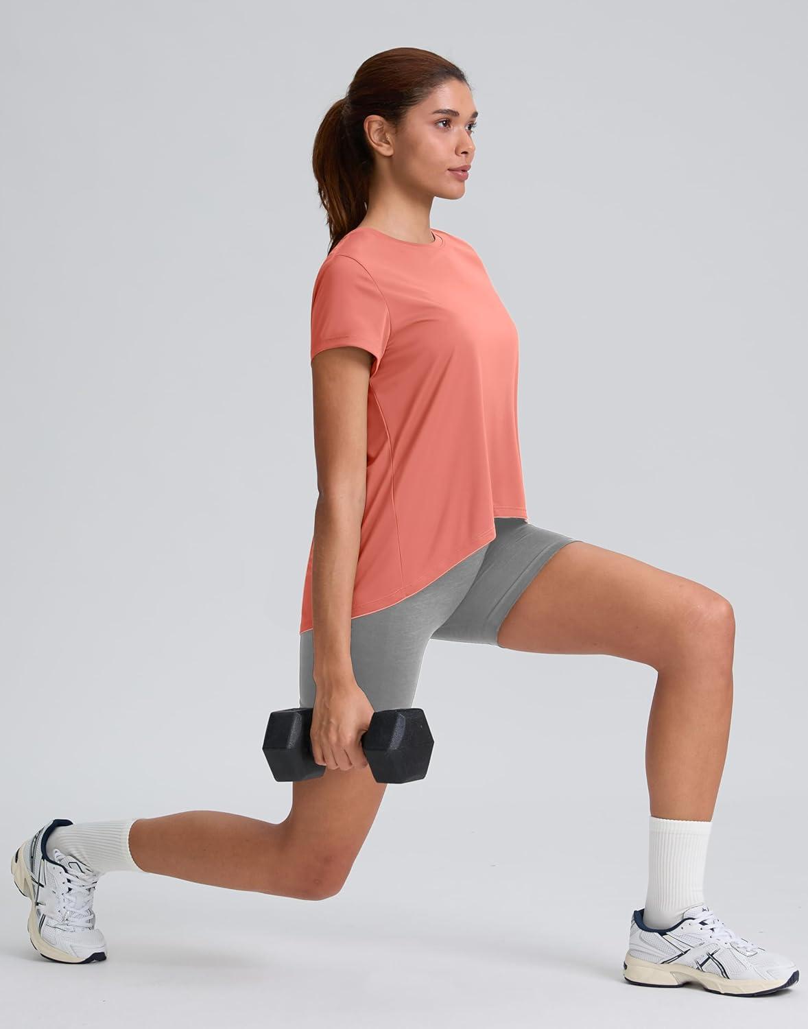 imageSANTINY Short Sleeve Workout Tops for Women Loose Yoga TShirts Sun Protection Breathable Running Athletic Tee ShirtsCoral Red