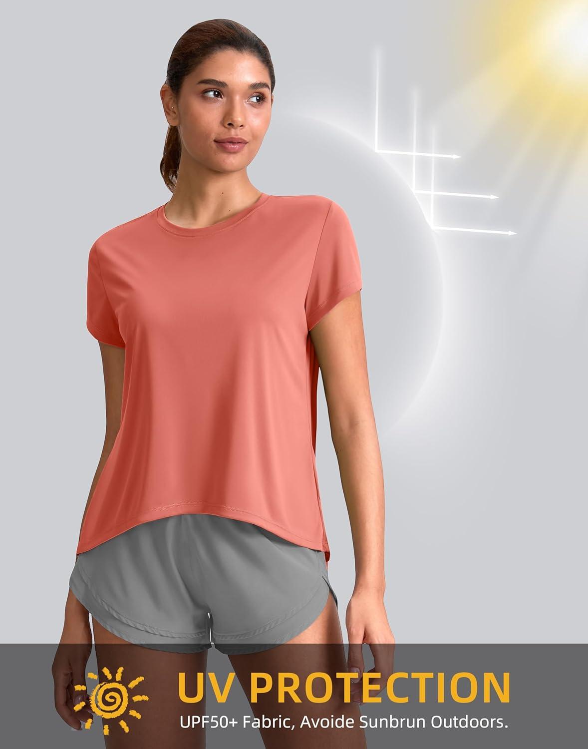 imageSANTINY Short Sleeve Workout Tops for Women Loose Yoga TShirts Sun Protection Breathable Running Athletic Tee ShirtsCoral Red