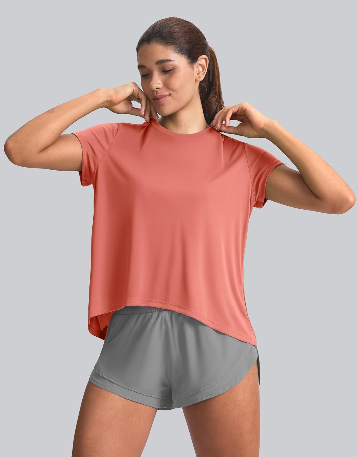 imageSANTINY Short Sleeve Workout Tops for Women Loose Yoga TShirts Sun Protection Breathable Running Athletic Tee ShirtsCoral Red