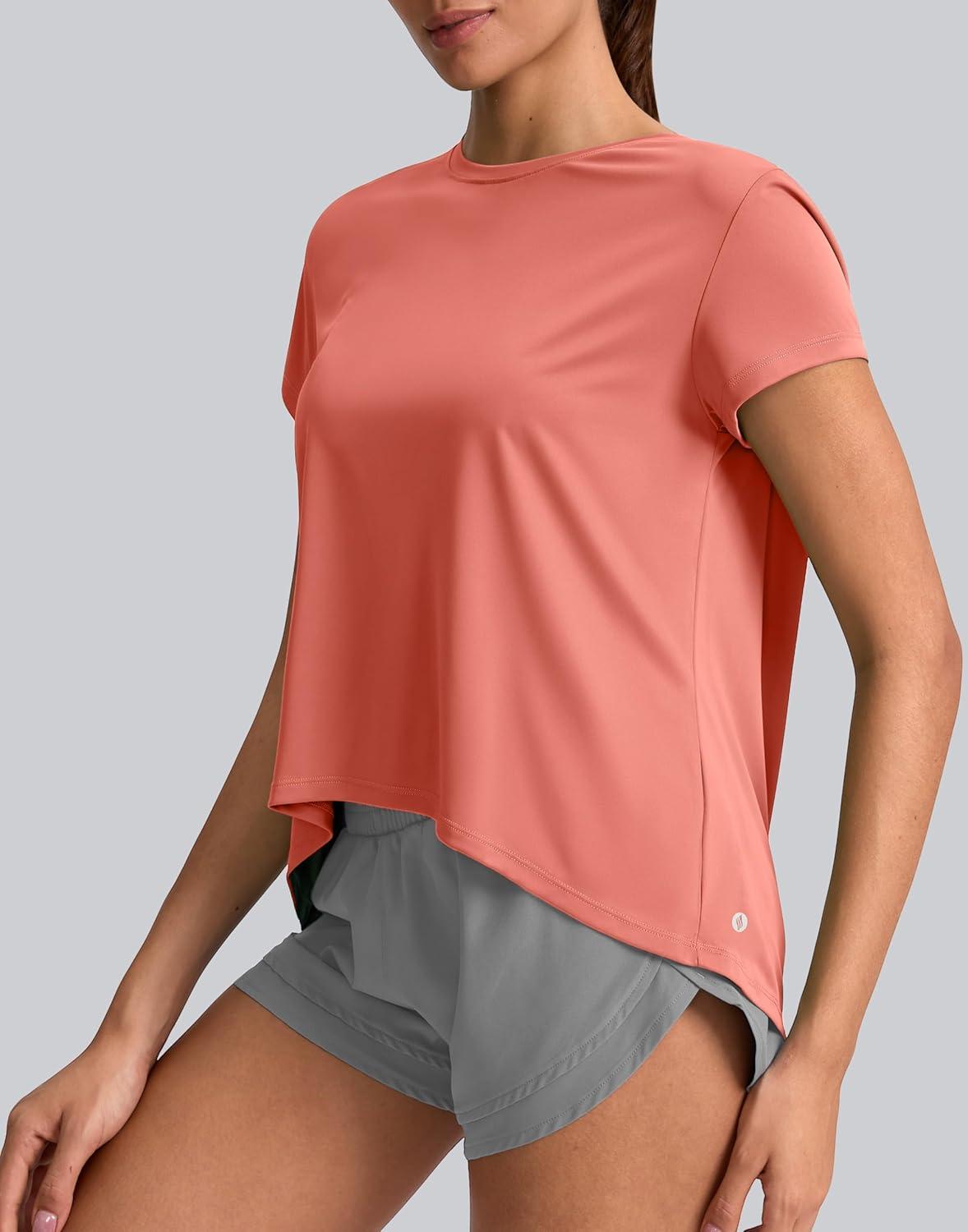 imageSANTINY Short Sleeve Workout Tops for Women Loose Yoga TShirts Sun Protection Breathable Running Athletic Tee ShirtsCoral Red