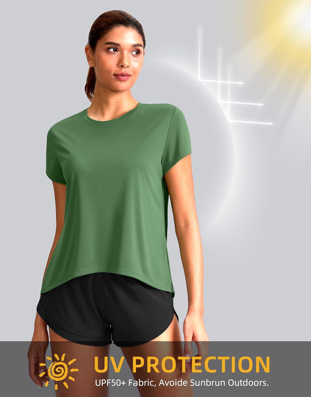 imageSANTINY Short Sleeve Workout Tops for Women Loose Yoga TShirts Sun Protection Breathable Running Athletic Tee ShirtsGreen