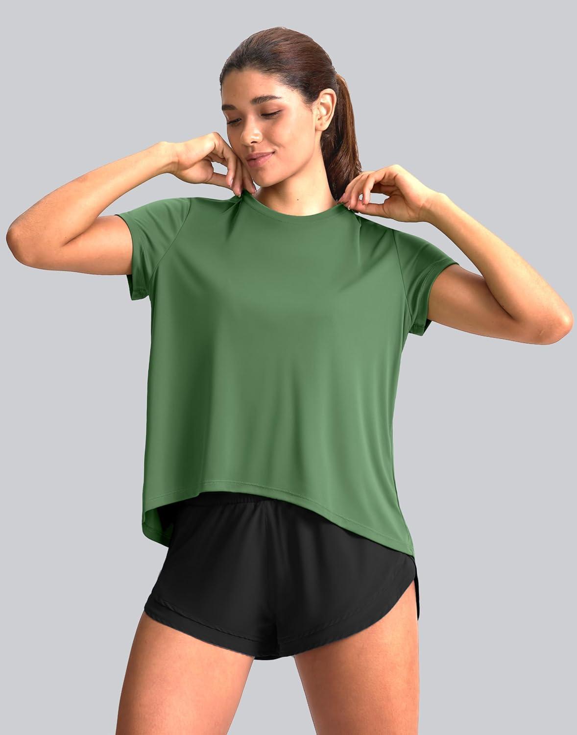 imageSANTINY Short Sleeve Workout Tops for Women Loose Yoga TShirts Sun Protection Breathable Running Athletic Tee ShirtsGreen