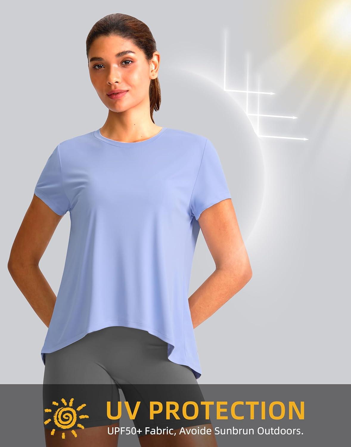 imageSANTINY Short Sleeve Workout Tops for Women Loose Yoga TShirts Sun Protection Breathable Running Athletic Tee ShirtsLight Blue