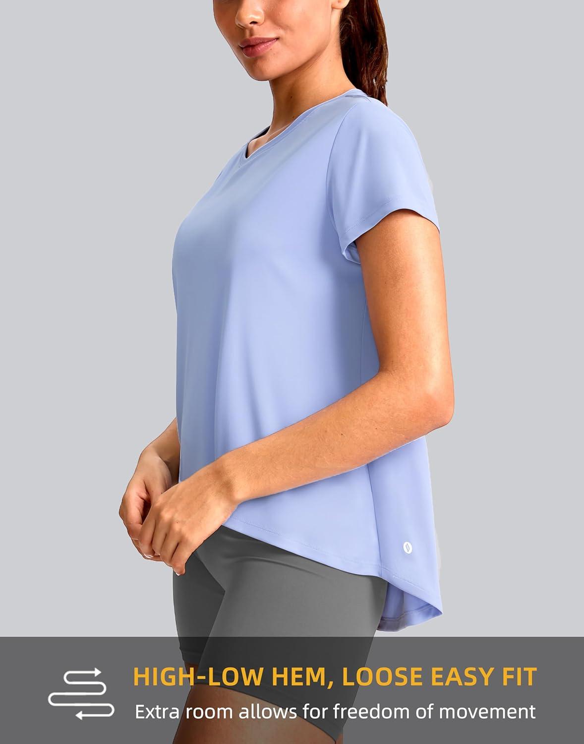 imageSANTINY Short Sleeve Workout Tops for Women Loose Yoga TShirts Sun Protection Breathable Running Athletic Tee ShirtsLight Blue