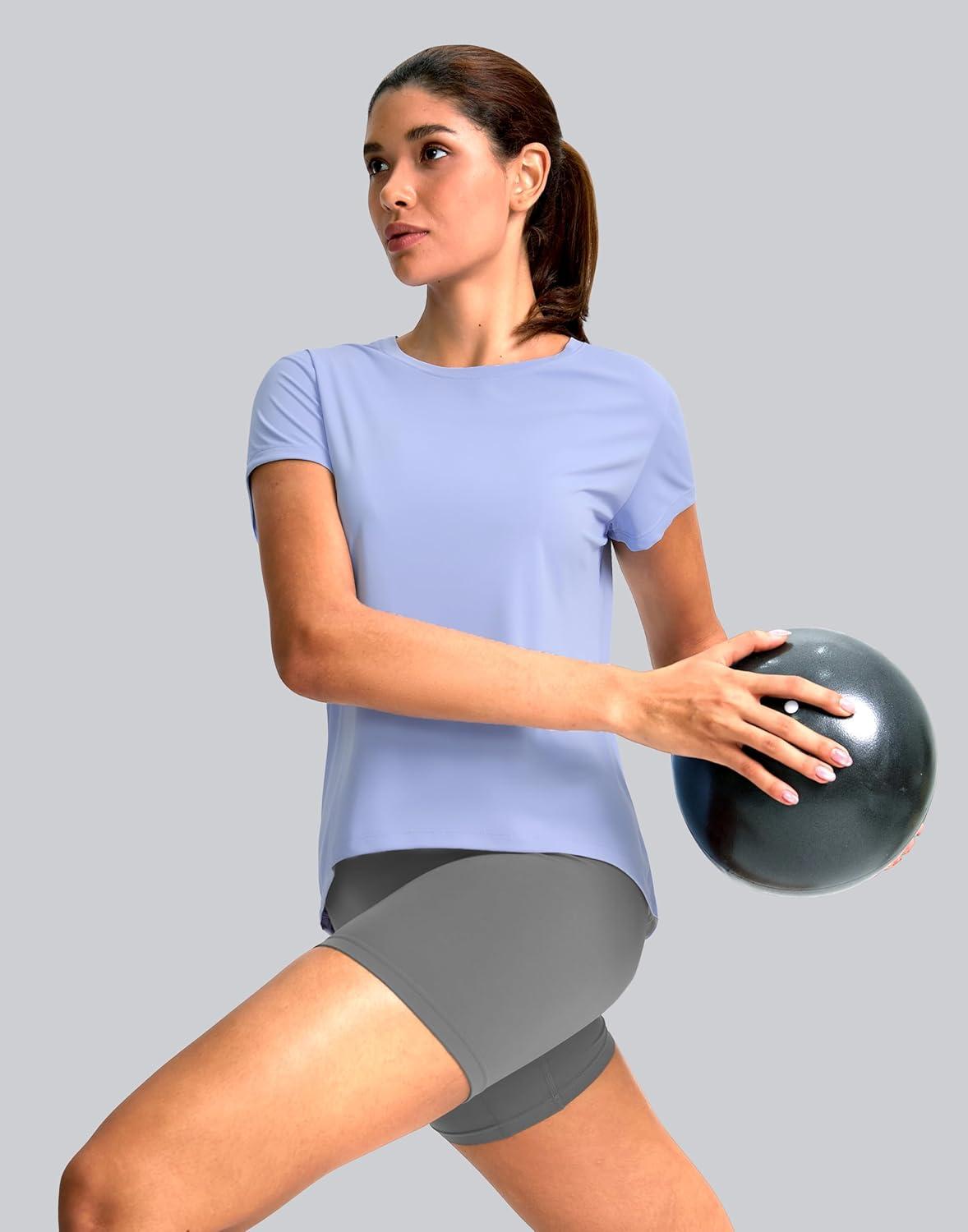 imageSANTINY Short Sleeve Workout Tops for Women Loose Yoga TShirts Sun Protection Breathable Running Athletic Tee ShirtsLight Blue