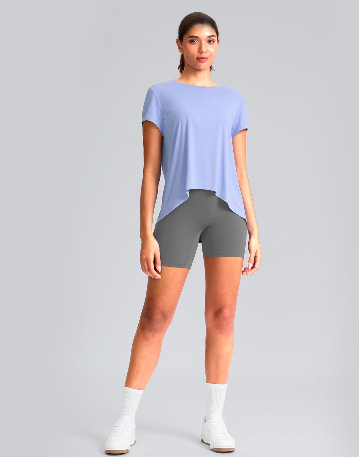 imageSANTINY Short Sleeve Workout Tops for Women Loose Yoga TShirts Sun Protection Breathable Running Athletic Tee ShirtsLight Blue