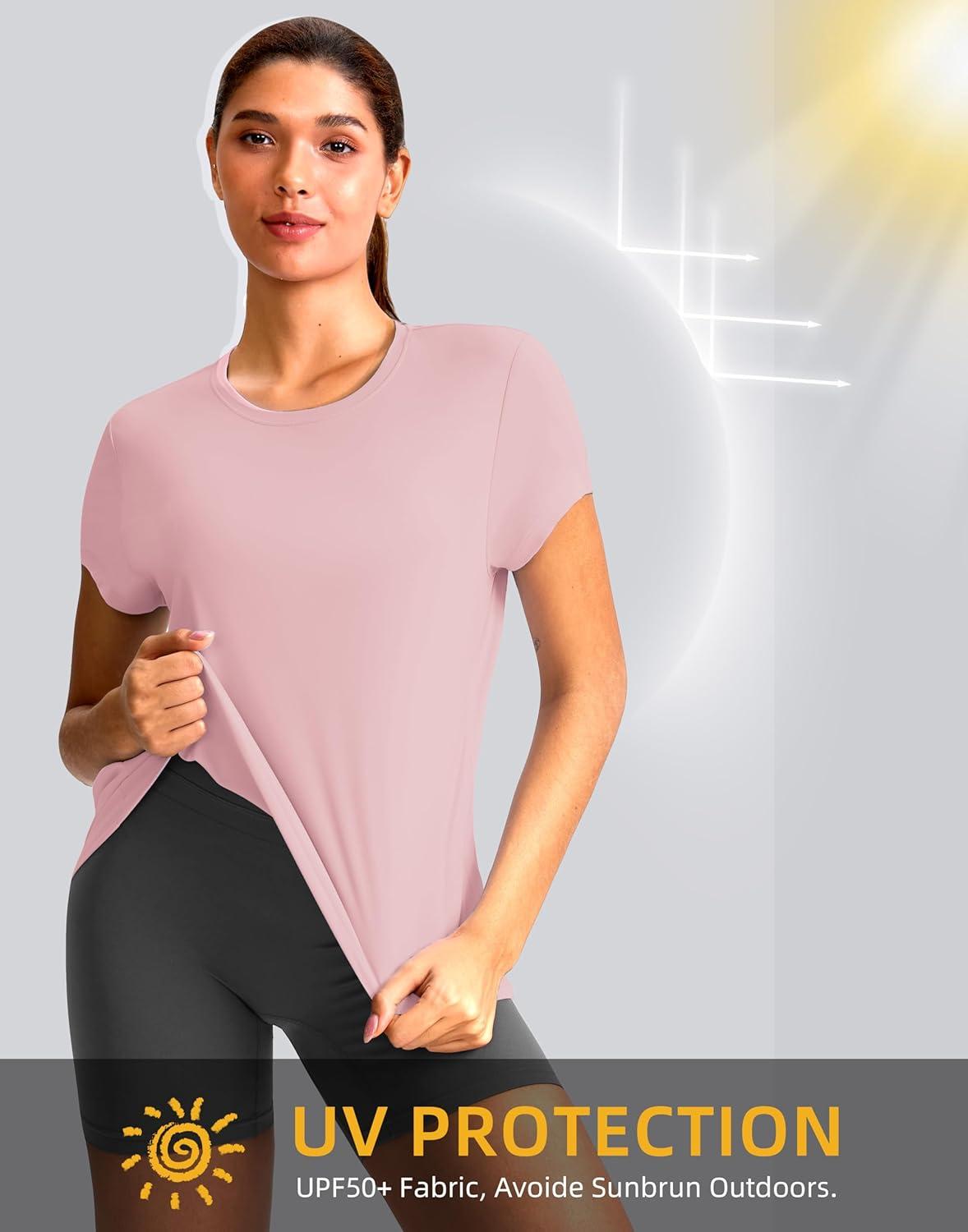 imageSANTINY Short Sleeve Workout Tops for Women Loose Yoga TShirts Sun Protection Breathable Running Athletic Tee ShirtsPink