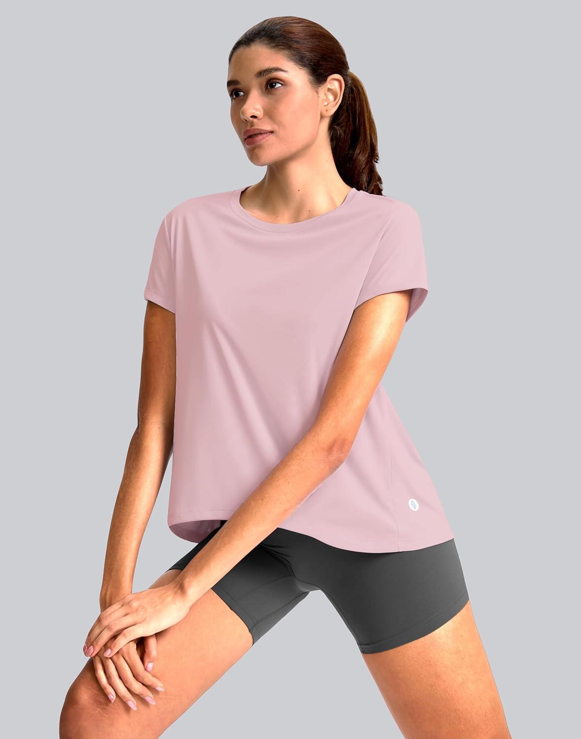imageSANTINY Short Sleeve Workout Tops for Women Loose Yoga TShirts Sun Protection Breathable Running Athletic Tee ShirtsPink