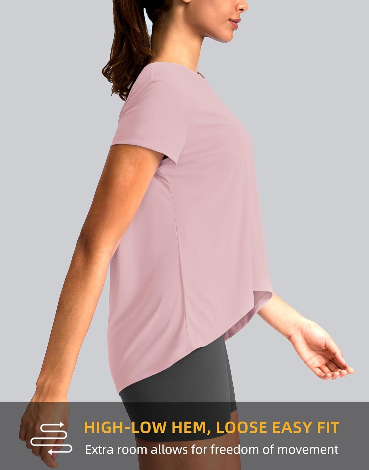 imageSANTINY Short Sleeve Workout Tops for Women Loose Yoga TShirts Sun Protection Breathable Running Athletic Tee ShirtsPink