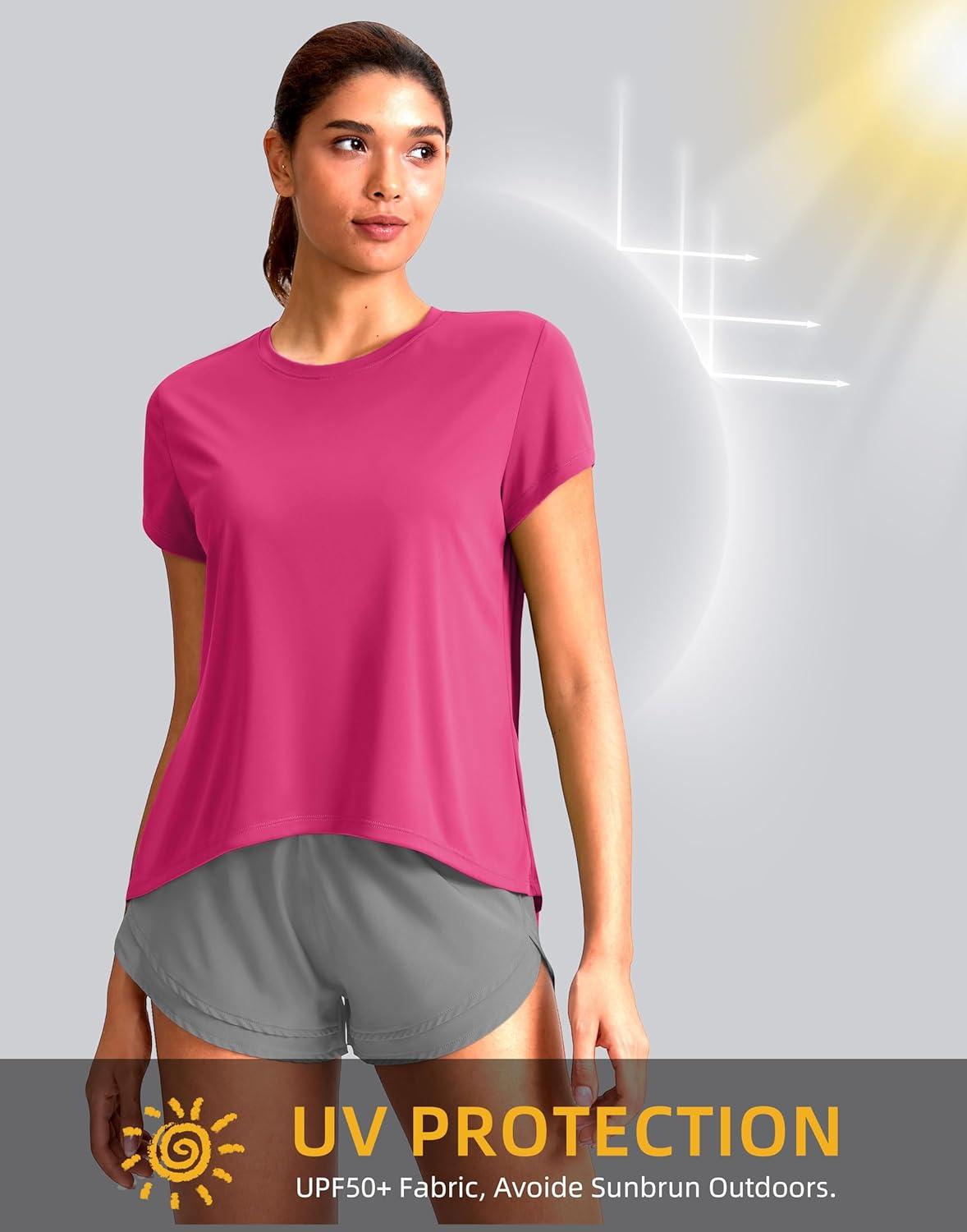imageSANTINY Short Sleeve Workout Tops for Women Loose Yoga TShirts Sun Protection Breathable Running Athletic Tee ShirtsRose