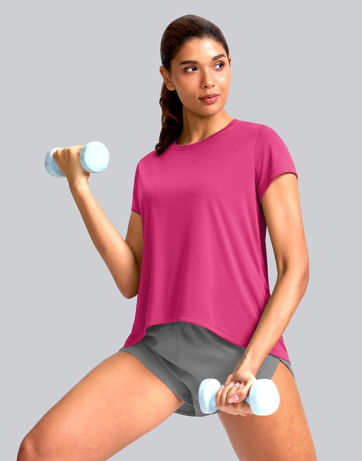 imageSANTINY Short Sleeve Workout Tops for Women Loose Yoga TShirts Sun Protection Breathable Running Athletic Tee ShirtsRose