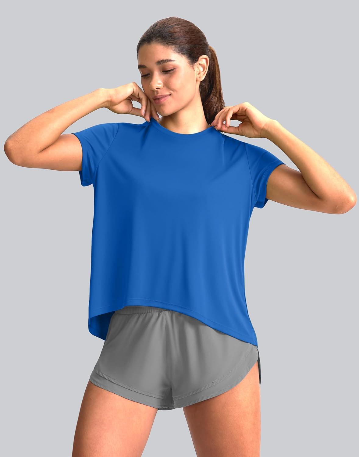 imageSANTINY Short Sleeve Workout Tops for Women Loose Yoga TShirts Sun Protection Breathable Running Athletic Tee ShirtsRoyal Blue
