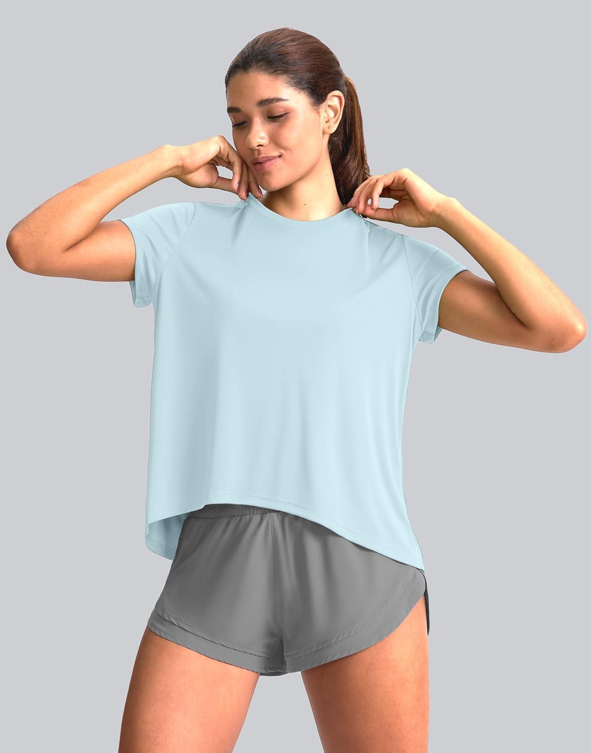 imageSANTINY Short Sleeve Workout Tops for Women Loose Yoga TShirts Sun Protection Breathable Running Athletic Tee ShirtsSky Blue