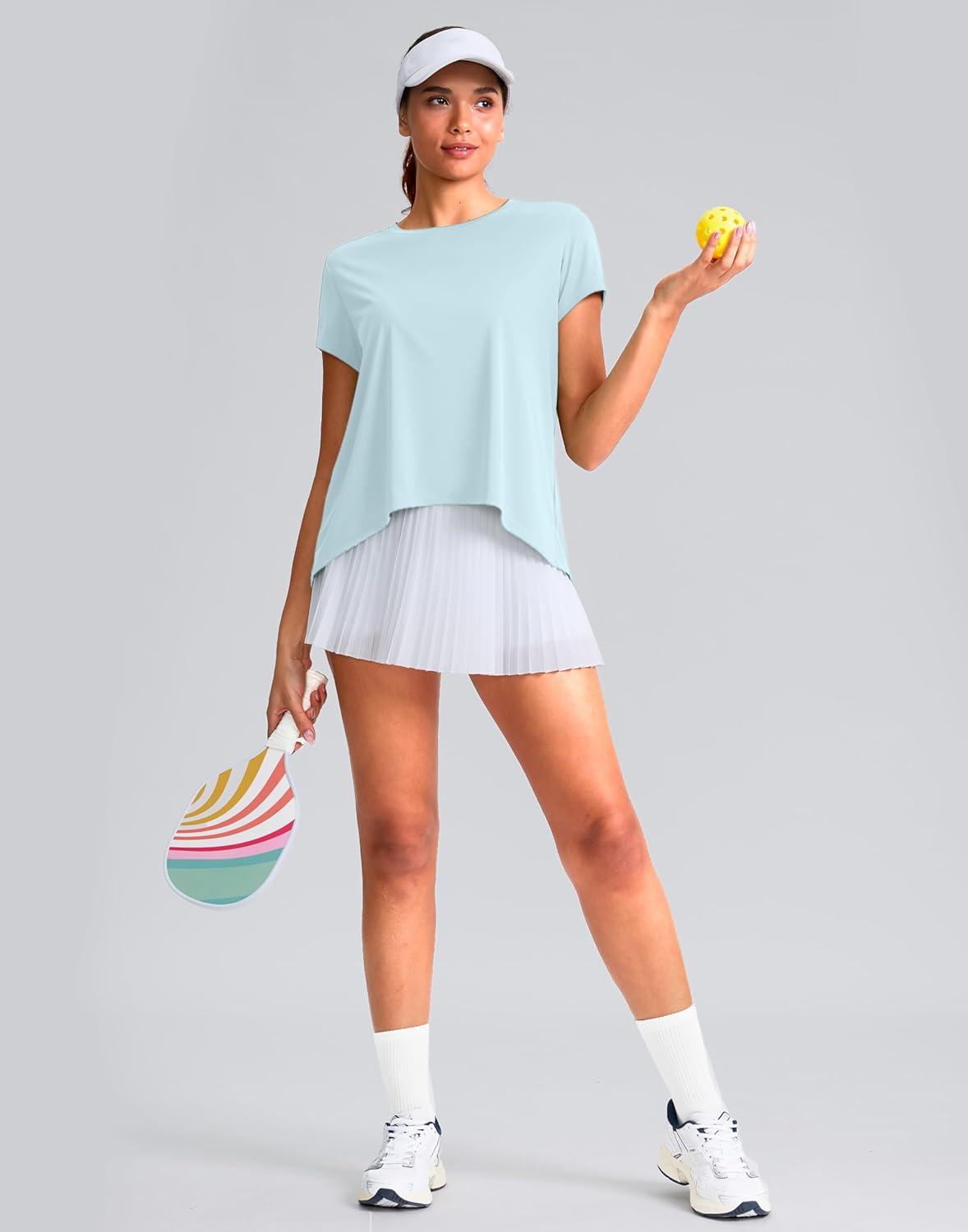 imageSANTINY Short Sleeve Workout Tops for Women Loose Yoga TShirts Sun Protection Breathable Running Athletic Tee ShirtsSky Blue