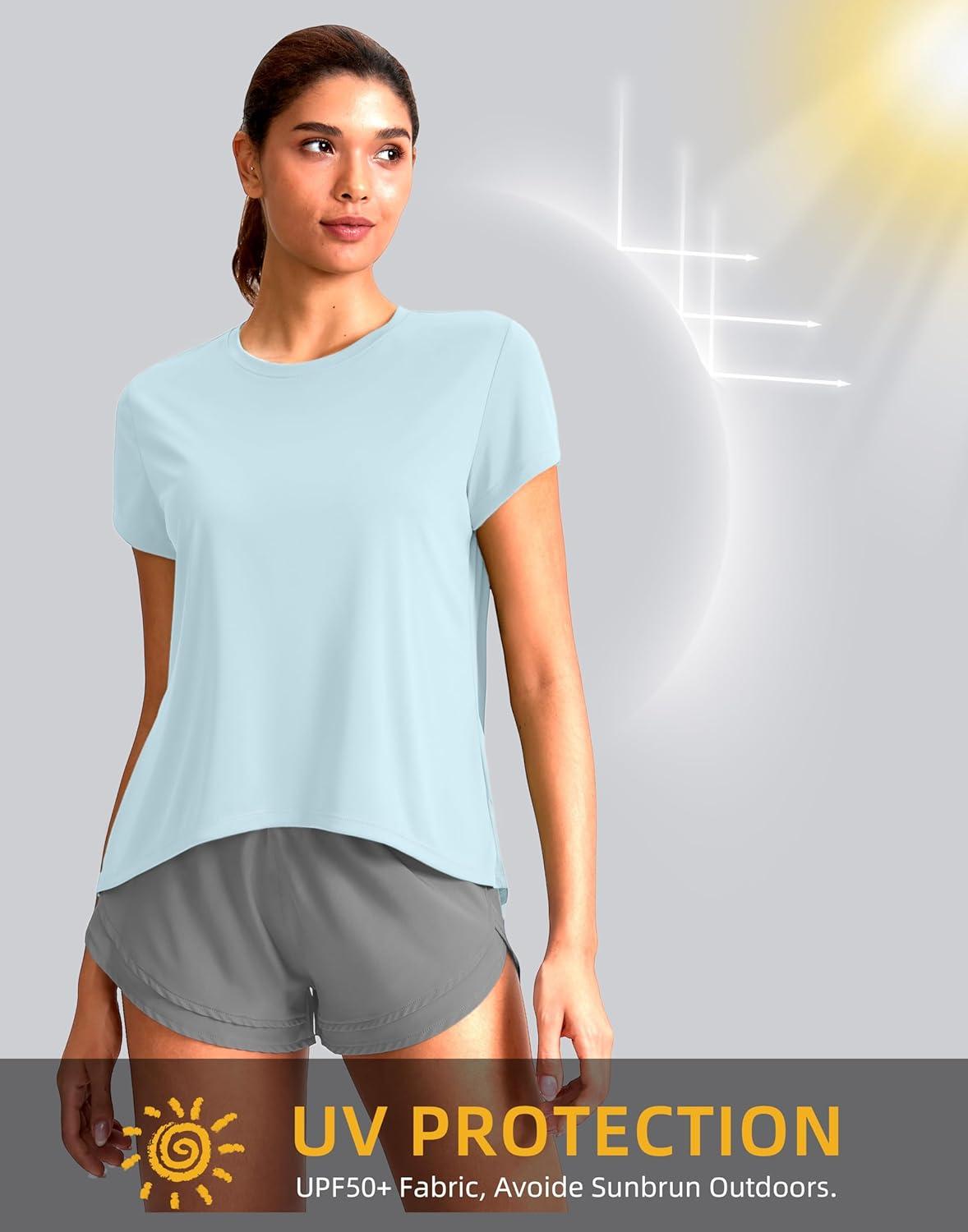 imageSANTINY Short Sleeve Workout Tops for Women Loose Yoga TShirts Sun Protection Breathable Running Athletic Tee ShirtsSky Blue