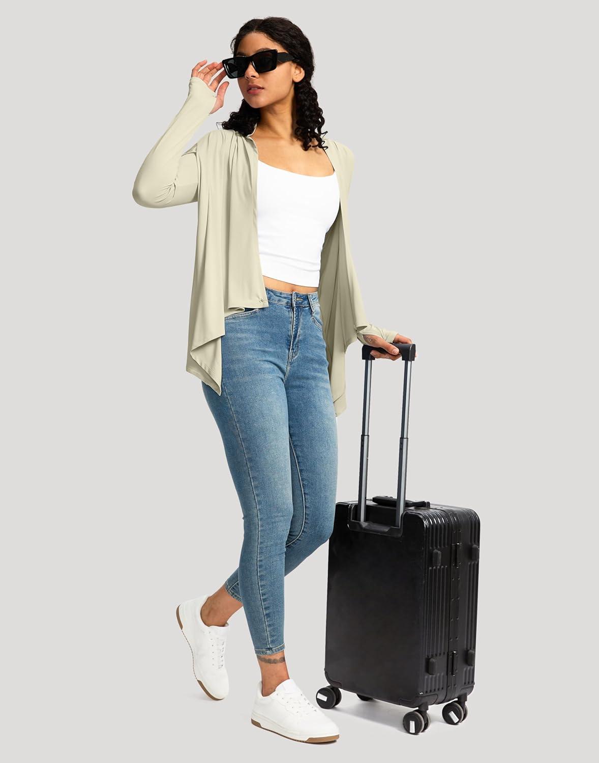 imageSANTINY UPF50 Sun Shirt for Women Long Sleeve SPF UV Sun Protection Shirts Lightweight Cardigan with Pockets Swim Cover UpKhaki