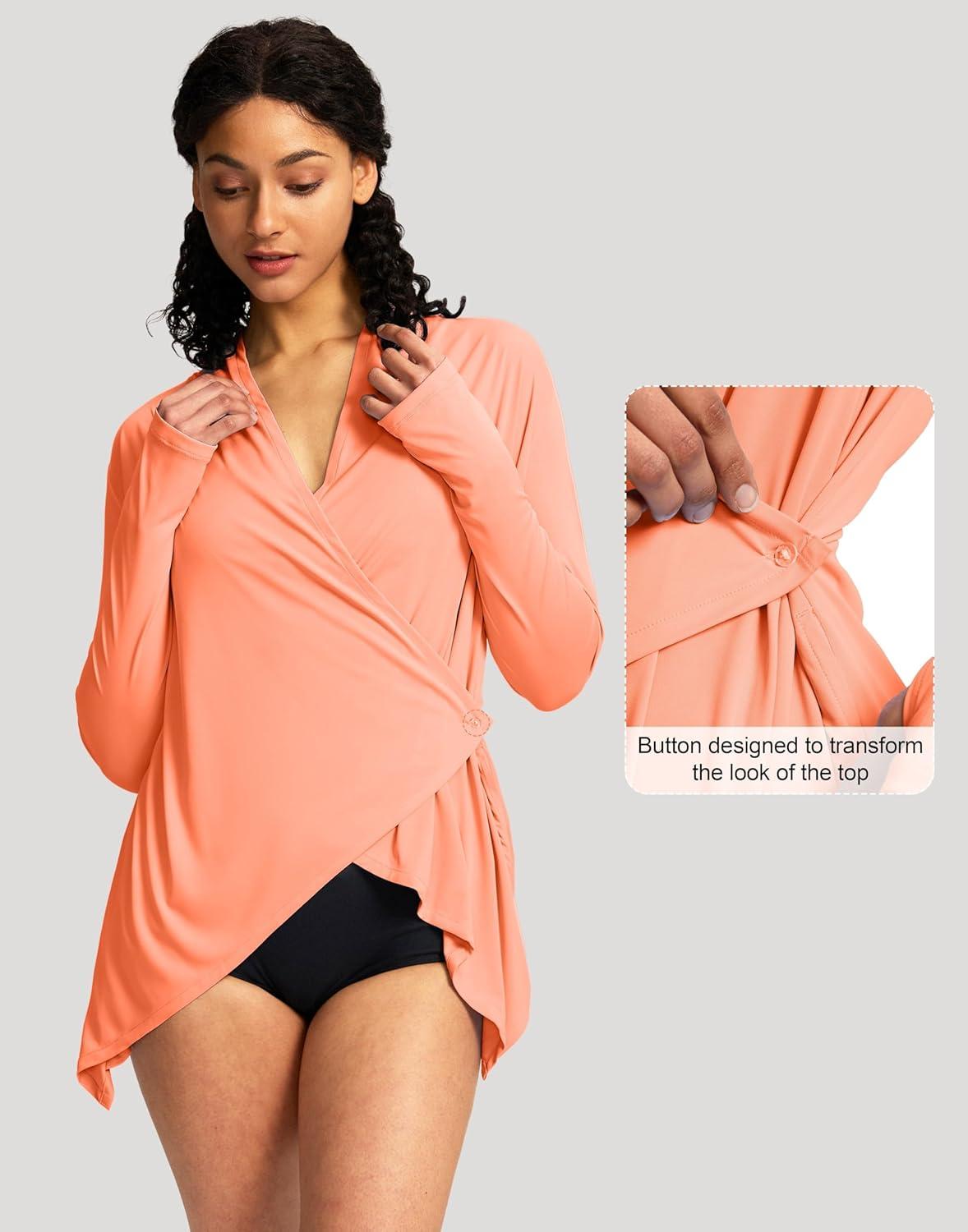 imageSANTINY UPF50 Sun Shirt for Women Long Sleeve SPF UV Sun Protection Shirts Lightweight Cardigan with Pockets Swim Cover UpOrange