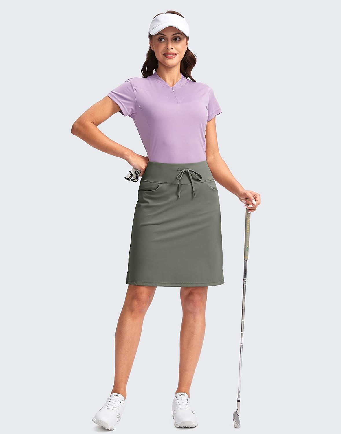 imageSANTINY Womens 20 Knee Length Skorts Skirts 6 Pockets High Waisted Drawstring Long Athletic Tennis Golf Skirt WomenGrey Sage