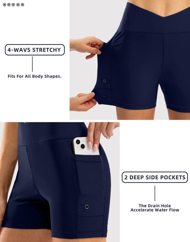imageSANTINY Womens 4 High Waisted Swim Board Shorts Quick Dry V Cut Tummy Control Bathing Suit Bottoms for Women with Pockets