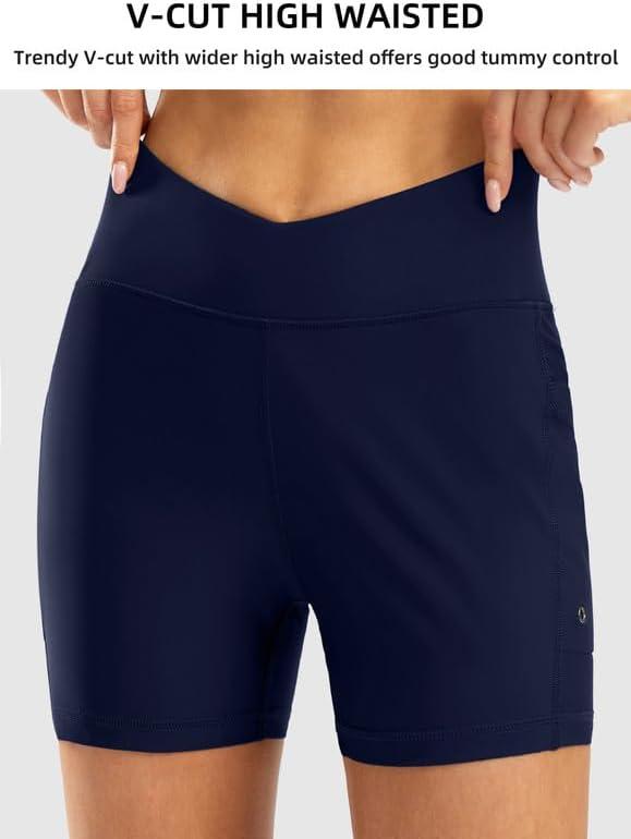 imageSANTINY Womens 4 High Waisted Swim Board Shorts Quick Dry V Cut Tummy Control Bathing Suit Bottoms for Women with Pockets