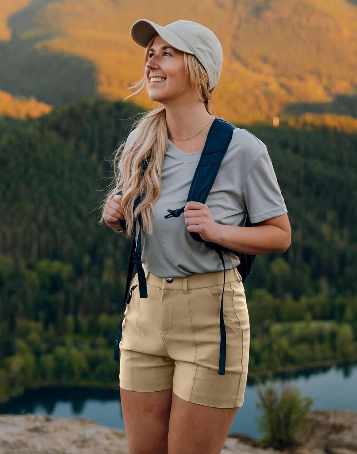 imageSANTINY Womens 5quot Golf Shorts with Pockets Quick Dry Stretch Work Outdoor Hiking Shorts for Women Casual SummerKhaki