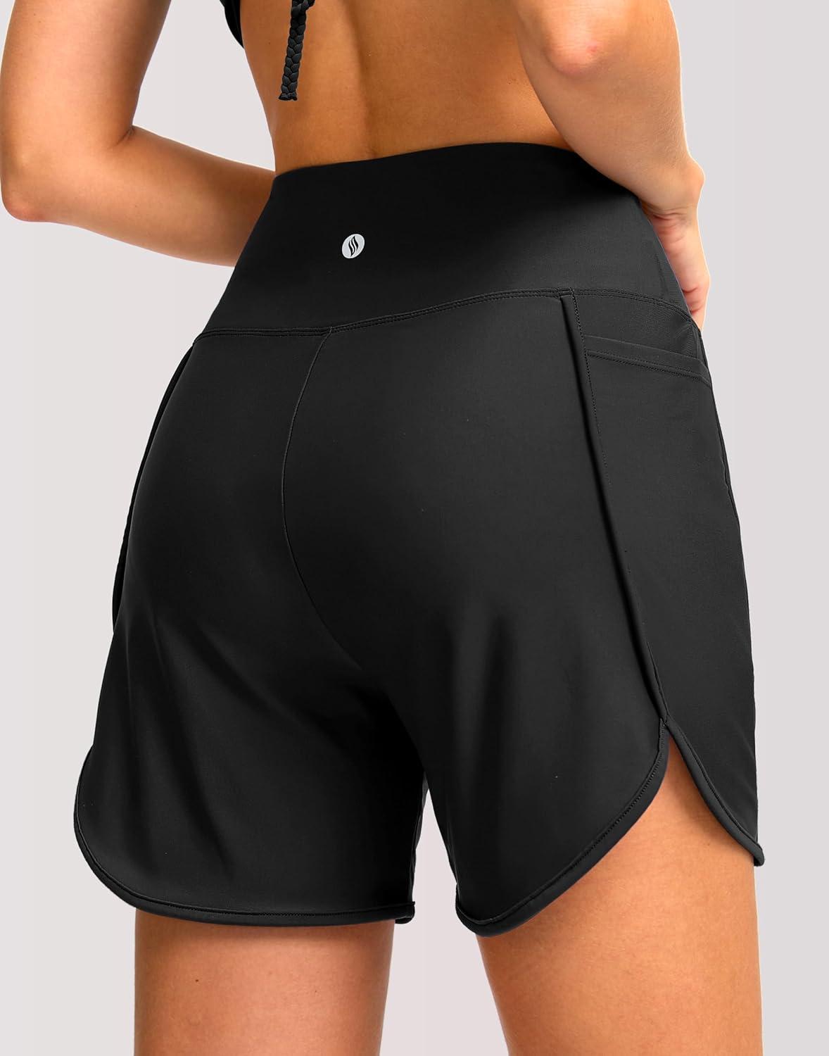 imageSANTINY Womens 5quot Swim Board Shorts Quick Dry High Waisted UPF50 Beach Swimming Shorts for Women with Liner Pockets
