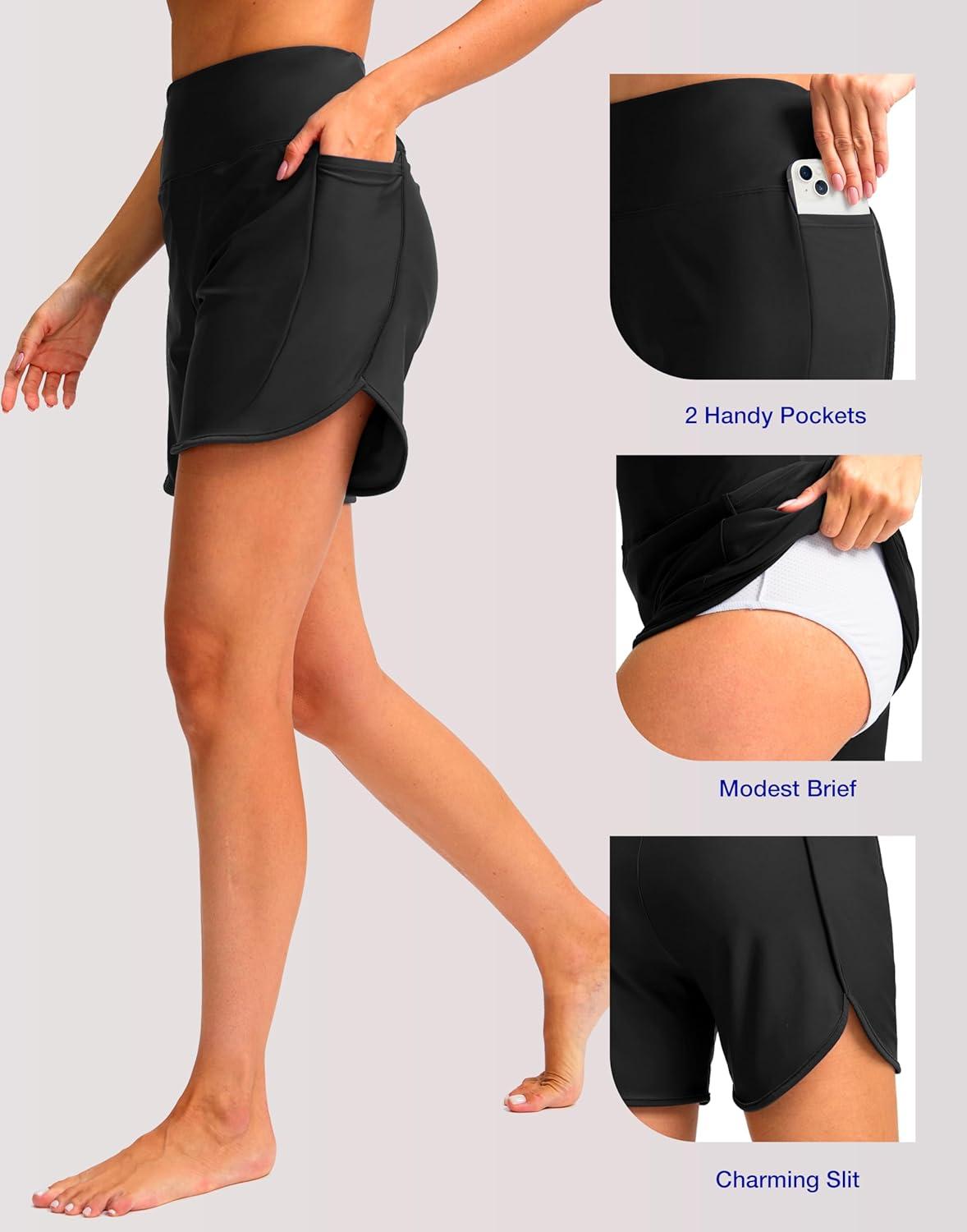 imageSANTINY Womens 5quot Swim Board Shorts Quick Dry High Waisted UPF50 Beach Swimming Shorts for Women with Liner Pockets