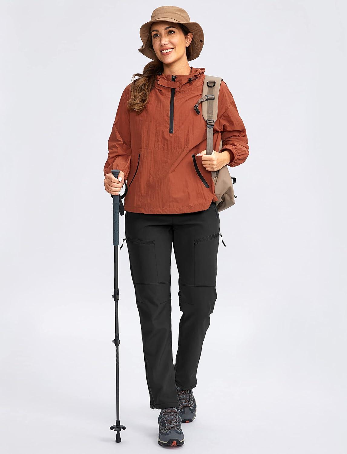 imageSANTINY Womens Fleece Lined Hiking Pants 4 Zipper Pockets Warm Winter Softshell Snow Ski Pants Waterproof Insulated