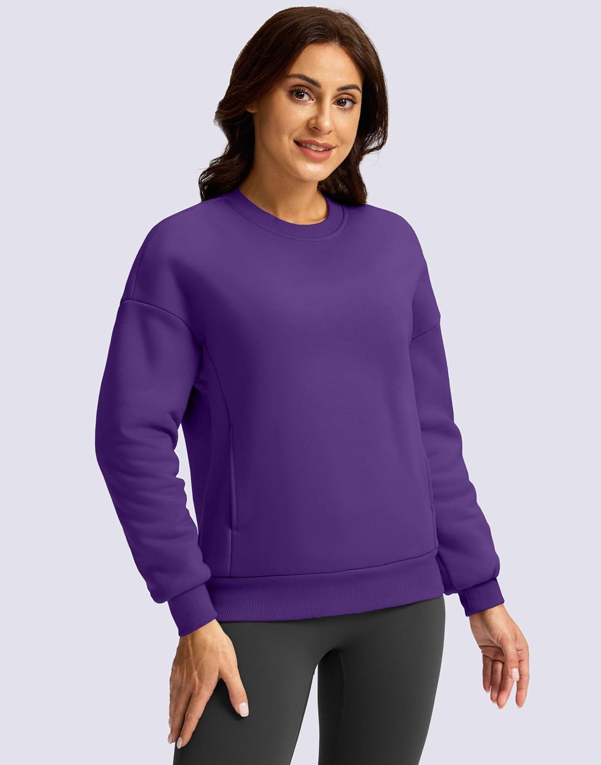 imageSANTINY Womens Fleece Sherpa Lined Sweatshirt Warm Winter Pullover Sweaters Cozy Thick Crewneck Sweatshirts with PocketsPurple