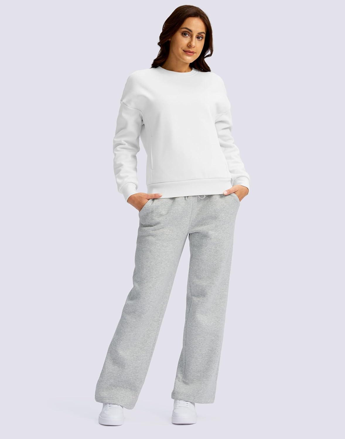 imageSANTINY Womens Fleece Sherpa Lined Sweatshirt Warm Winter Pullover Sweaters Cozy Thick Crewneck Sweatshirts with PocketsWhite