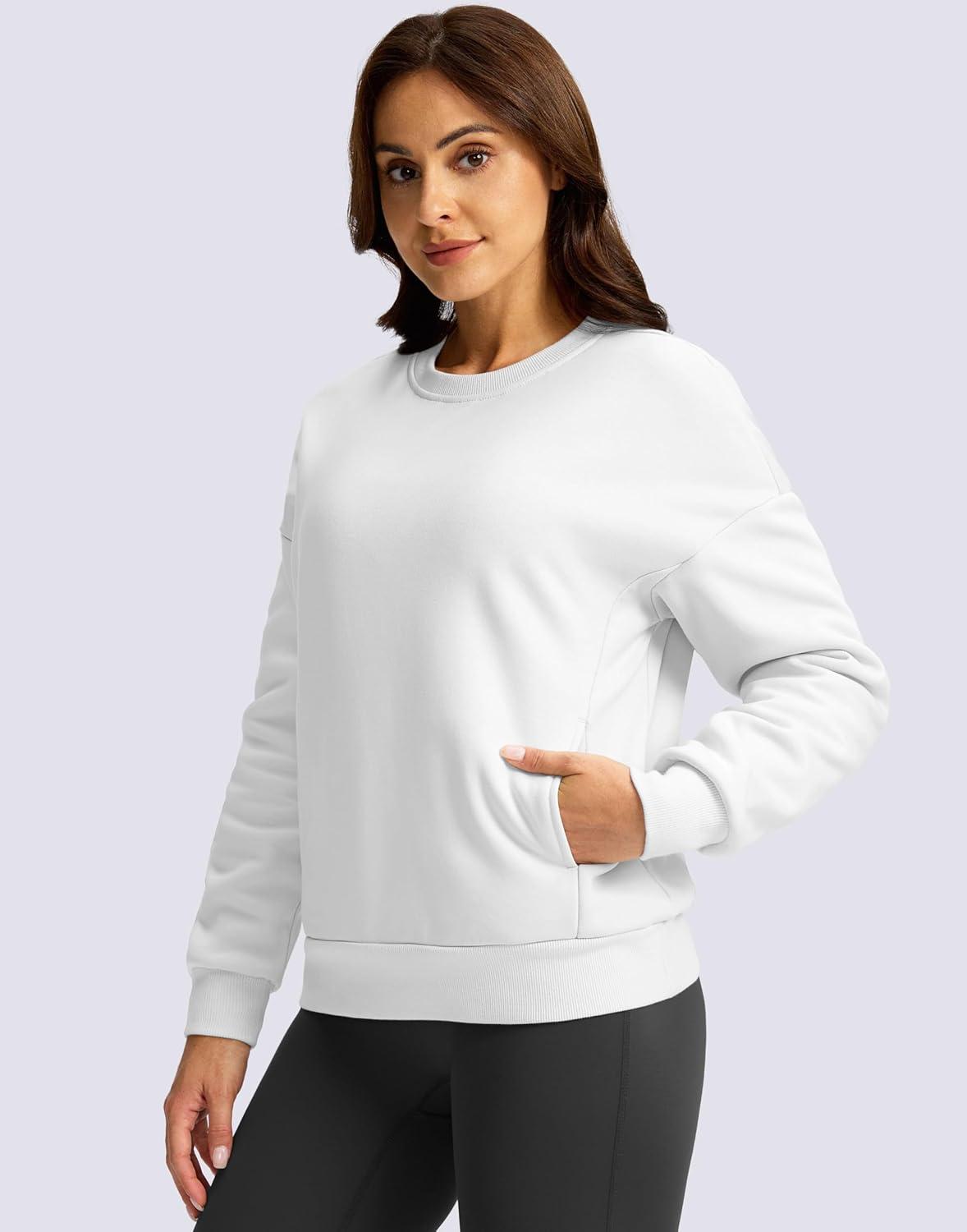 imageSANTINY Womens Fleece Sherpa Lined Sweatshirt Warm Winter Pullover Sweaters Cozy Thick Crewneck Sweatshirts with PocketsWhite