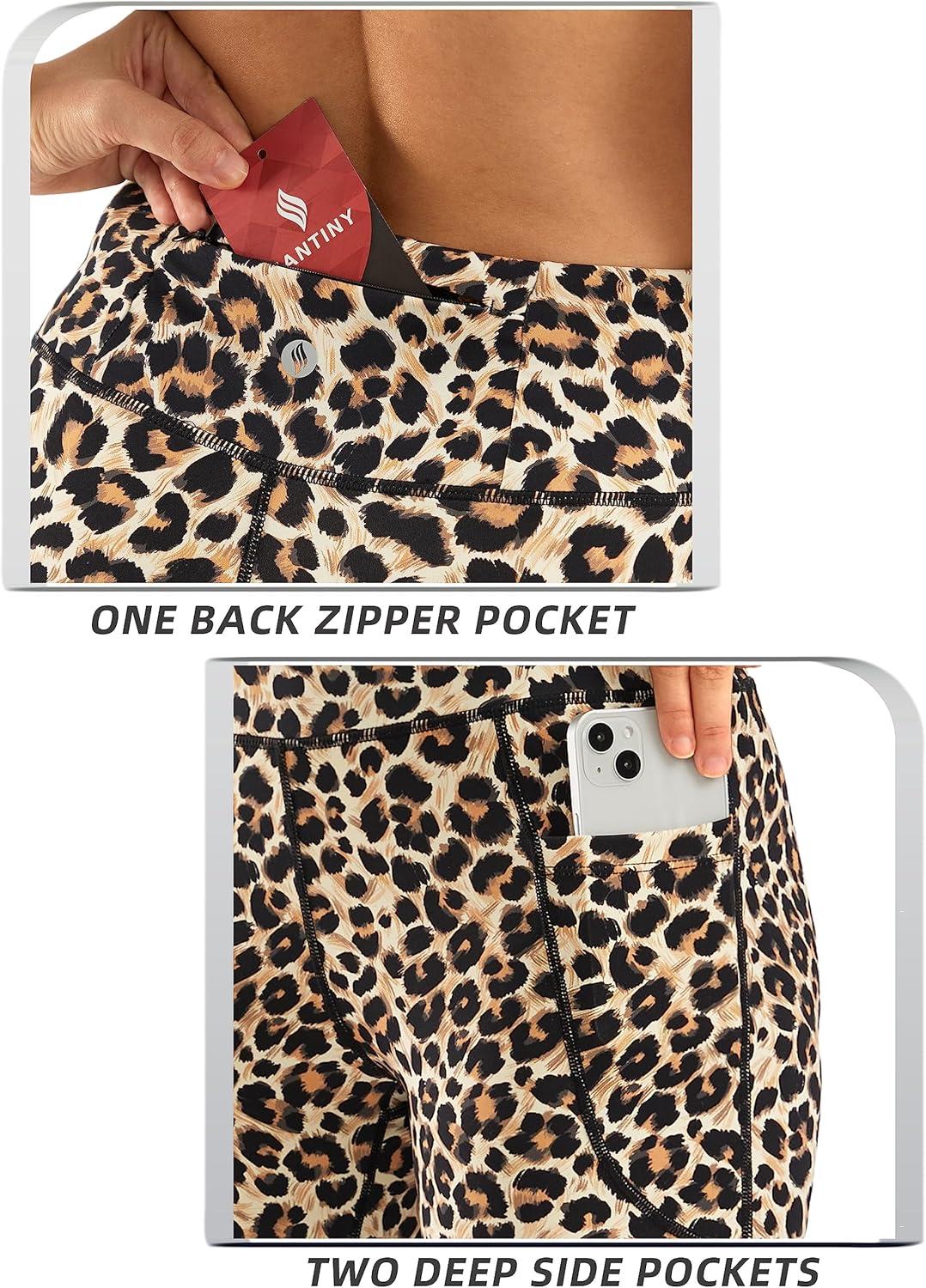 imageSANTINY Womens Knee Length Capri Leggings with Pockets High Waisted Workout Exercise Yoga Capris Pants for WomenLeopard