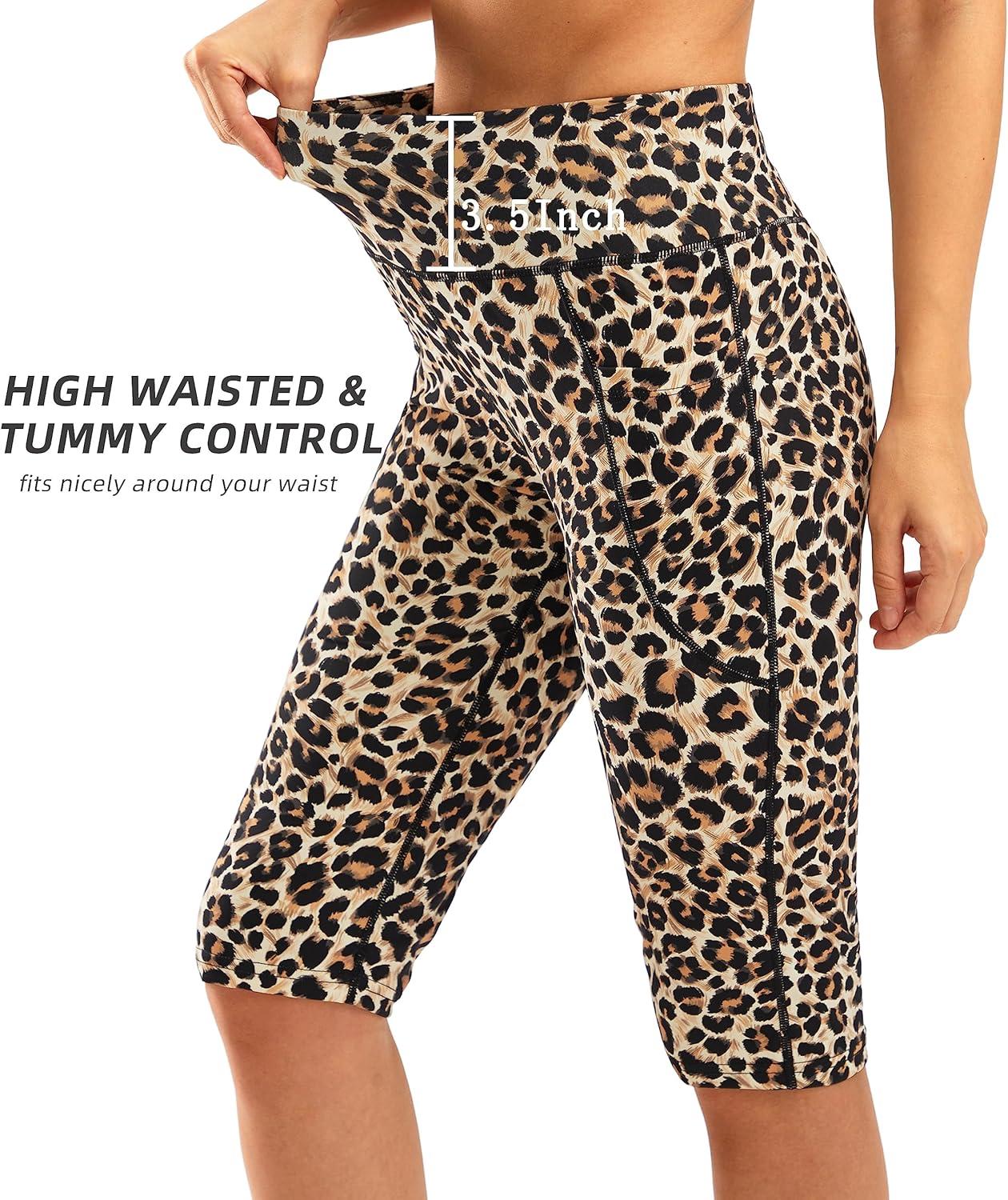 imageSANTINY Womens Knee Length Capri Leggings with Pockets High Waisted Workout Exercise Yoga Capris Pants for WomenLeopard