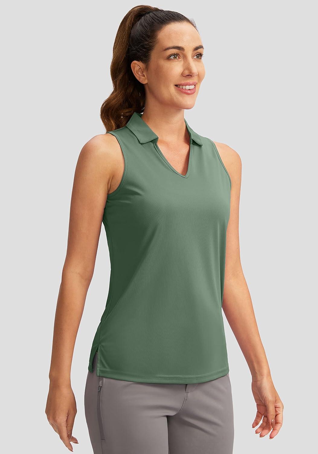 imageSANTINY Womens Sleeveless Golf Shirt VNeck Tennis Tank Tops Collared Golf Polo Shirts for WomenGreen