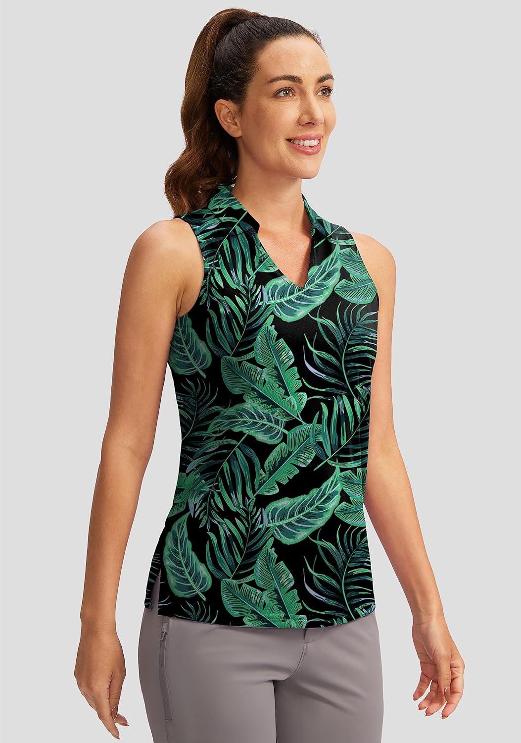 imageSANTINY Womens Sleeveless Golf Shirt VNeck Tennis Tank Tops Collared Golf Polo Shirts for WomenLeaf