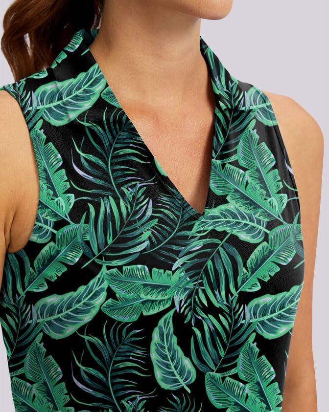 imageSANTINY Womens Sleeveless Golf Shirt VNeck Tennis Tank Tops Collared Golf Polo Shirts for WomenLeaf