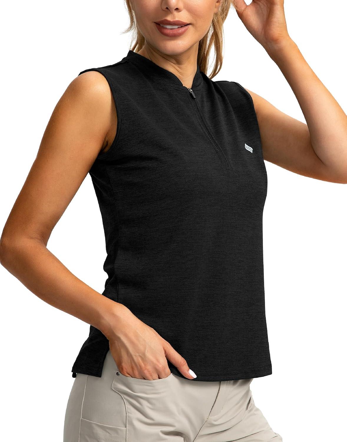 imageSANTINY Womens Sleeveless Golf Shirt Zip Up Tennis Lightweight Quick Dry Tank Tops Polo Shirts for WomenBlack