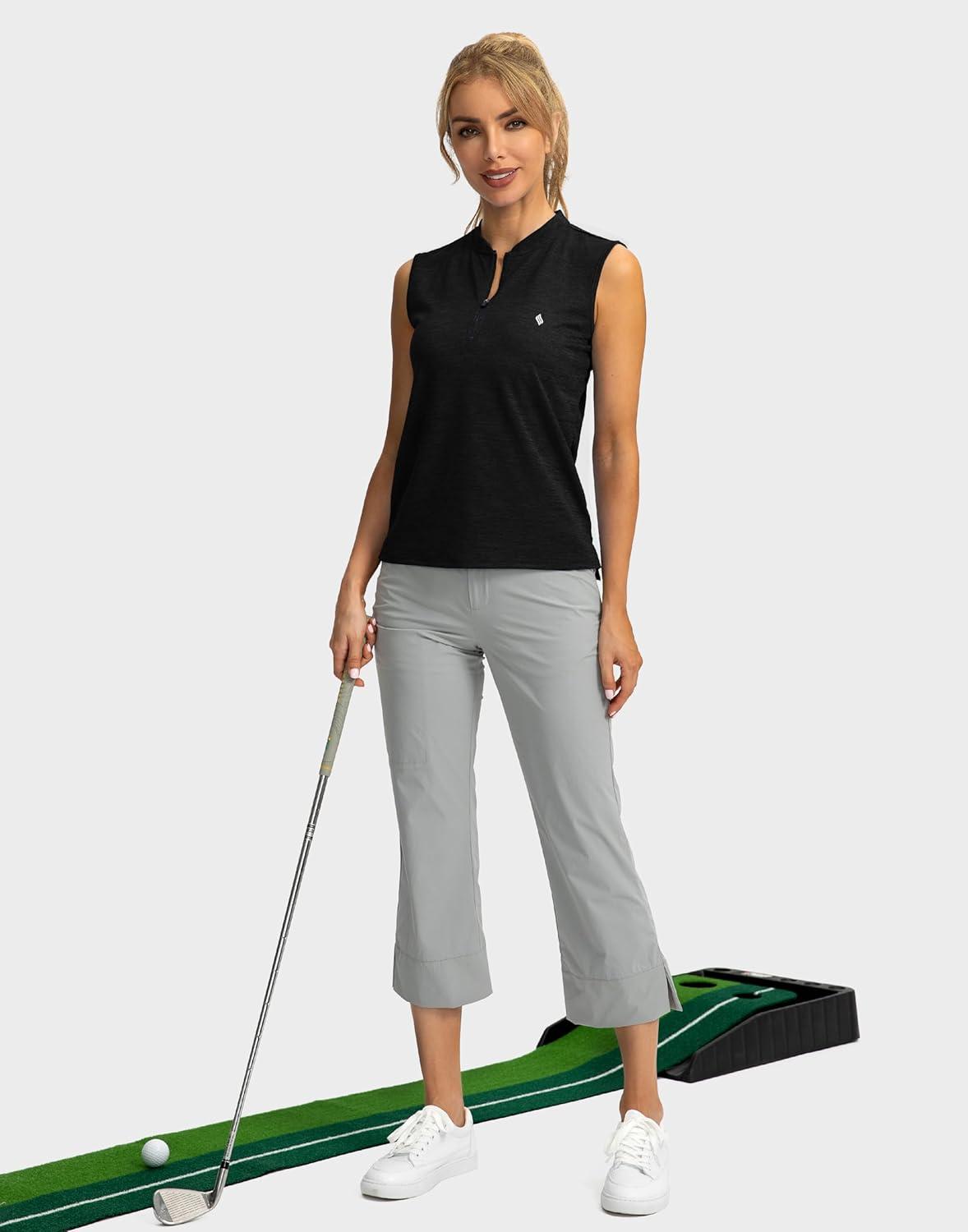 imageSANTINY Womens Sleeveless Golf Shirt Zip Up Tennis Lightweight Quick Dry Tank Tops Polo Shirts for WomenBlack