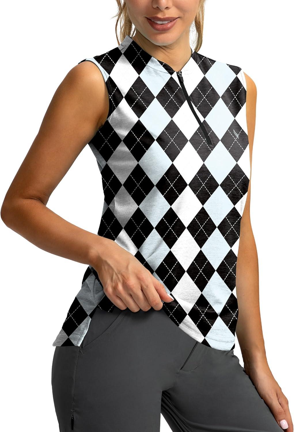 imageSANTINY Womens Sleeveless Golf Shirt Zip Up Tennis Lightweight Quick Dry Tank Tops Polo Shirts for WomenBlack Blue Argyle