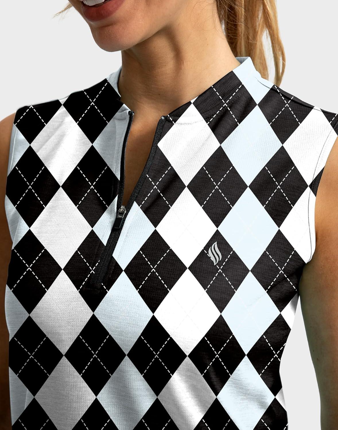imageSANTINY Womens Sleeveless Golf Shirt Zip Up Tennis Lightweight Quick Dry Tank Tops Polo Shirts for WomenBlack Blue Argyle